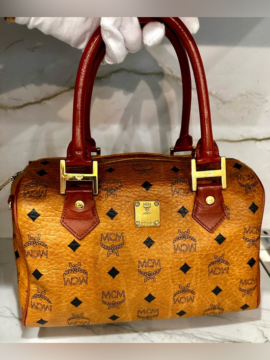 MCM Handbags - MCM Visetos Cognac Monogram Satchel with Red-Brown Handles